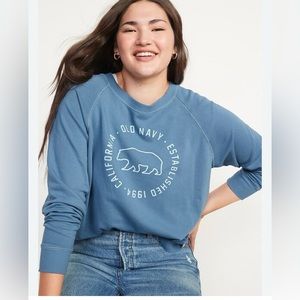 Women's Long Sleeve Crew Neck Blue Vintage Graphic Print Sweatshirt XS
